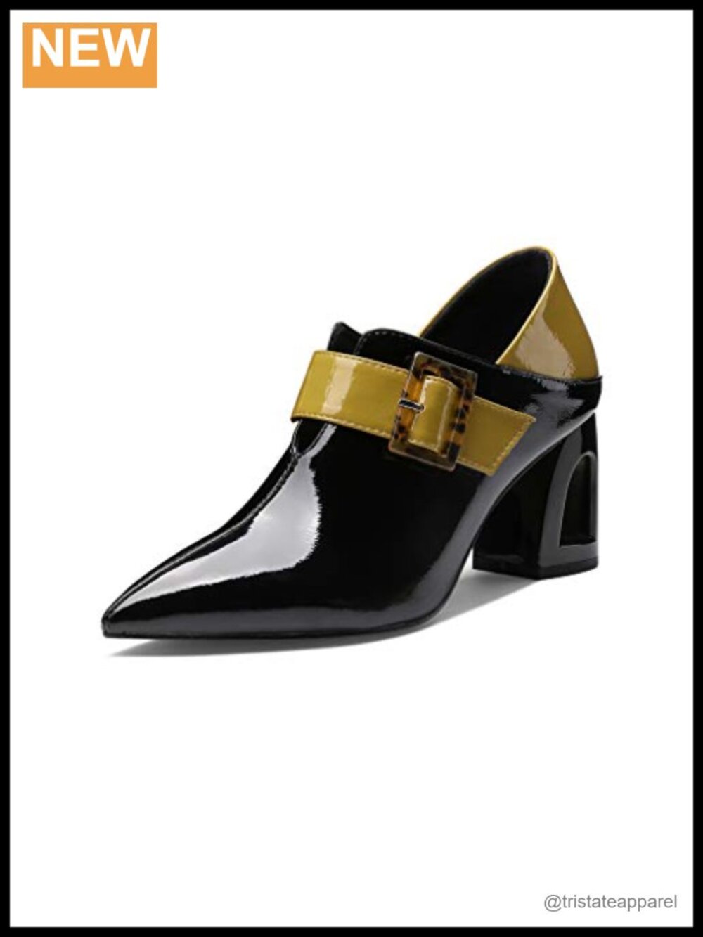 Patent Leather Pointed Toe Mid Chunky Heel Slip On Pumps